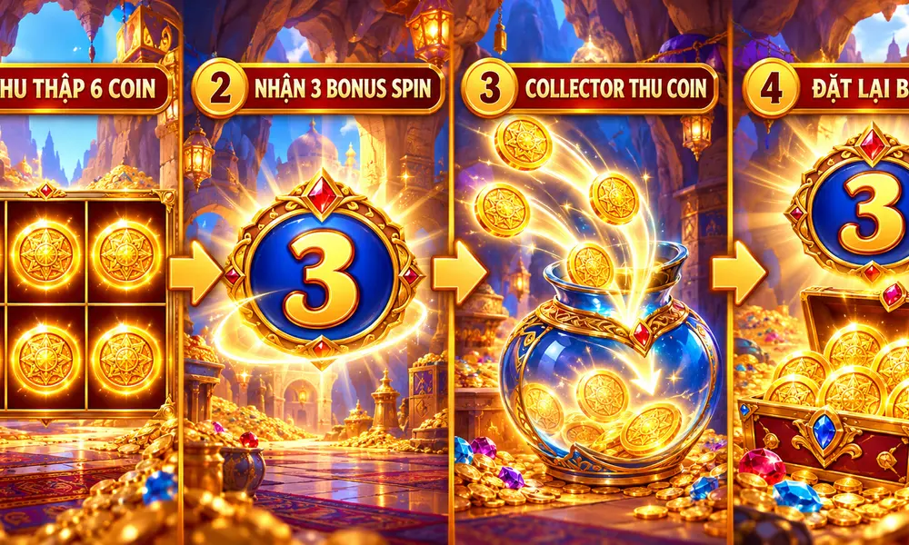 Quy trình Collect Feature trong Alibaba’s Cave of Fortune gồm thu 6 Coin, nhận 3 Bonus Spin, Collector thu Coin và đặt lại bộ đếm